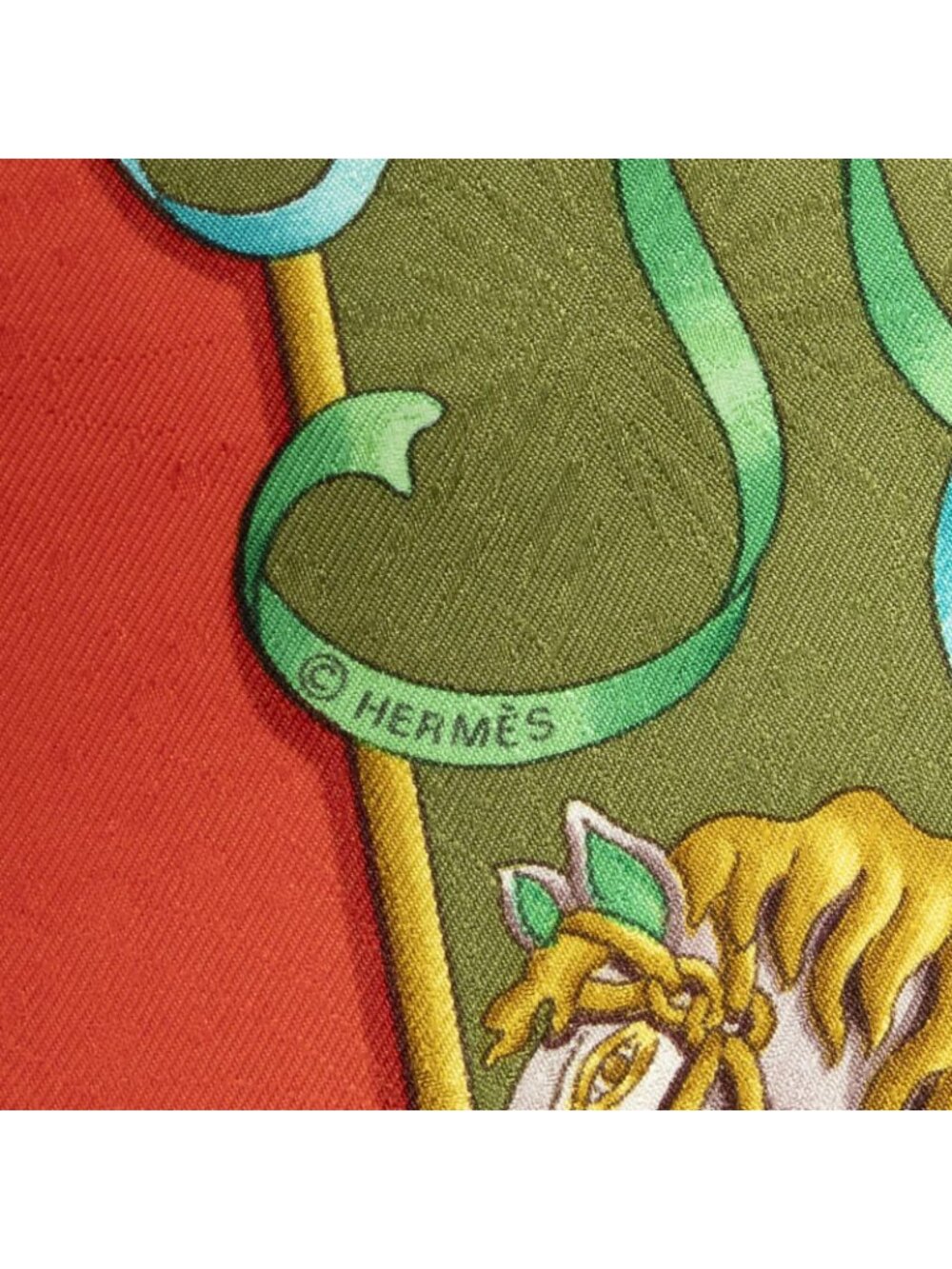 Hermes Scarf Red Green Gold 100% Jacquard Silk - Picture 4 of 5